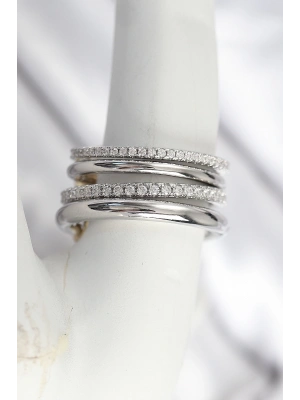 Pirinç Gümüş Renk Zirkon Taşlı 4Lü Kadın Yüzük