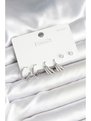 Pirinç Gümüş Renk Zirkon Taşlı 925 Gümüş Çivili Kadın Küpe Seti