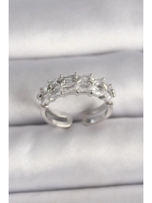 Pirinç Gümüş Renk Zirkon Taşlı Ayarlanabilir Yüzük