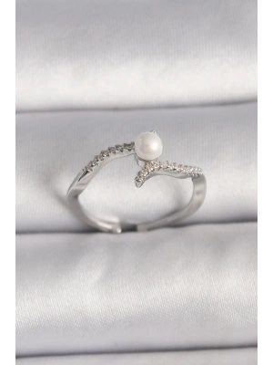 Pirinç Gümüş Renk Zirkon Taşlı Ayarlanabilir Yüzük