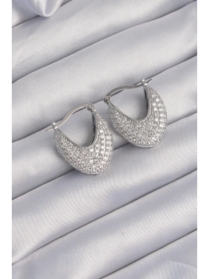 Pirinç Gümüş Renk Zirkon Taşlı Badem Model Küpe