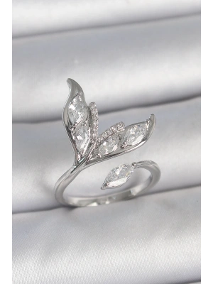 Pirinç Gümüş Renk Zirkon Taşlı Balık Kuyruğu Model Ayarlanabilir Kadın Yüzük