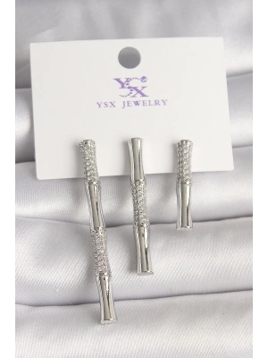 Pirinç Gümüş Renk Zirkon Taşlı Bambu Model 3Lü Kadın Kombin Küpe