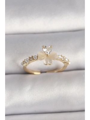 Pirinç Gümüş Renk Zirkon Taşlı Beyaz Mineli Yonca Model İnci Detay Ayarlanabilir Yüzük