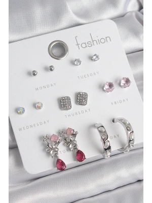 Pirinç Gümüş Renk Zirkon Taşlı Çiçek Figür İncili Halka Detay 7 Çift Kadın Küpe Seti