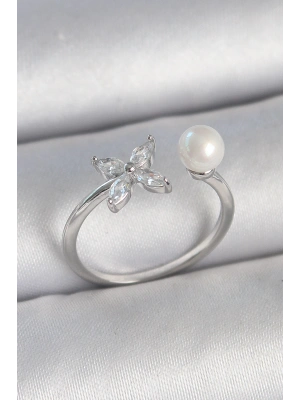 Pirinç Gümüş Renk Zirkon Taşlı Çiçek Model İnci Detay Ayarlanabilir Kadın Yüzük