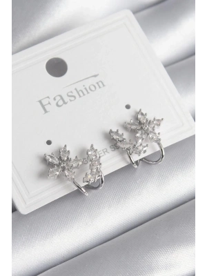 Pirinç Gümüş Renk Zirkon Taşlı Çiçek Model Kadın Küpe