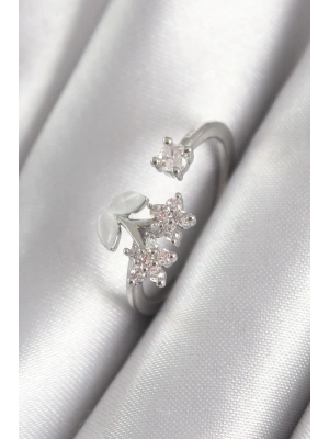 Pirinç Gümüş Renk Zirkon Taşlı Çiçek Model Kadın Yüzük