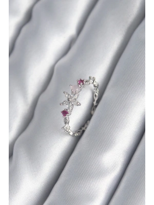 Pirinç Gümüş Renk Zirkon Taşlı Çiçek Model Pembe Zirkon Taş Detay Kadın Yüzük