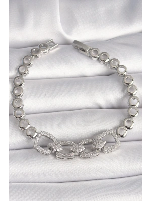 Pirinç Gümüş Renk Zirkon Taşlı Daire Zincir Model Kadın Bileklik