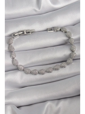 Pirinç Gümüş Renk Zirkon Taşlı Damla Model VIP Seri Kadın Bileklik