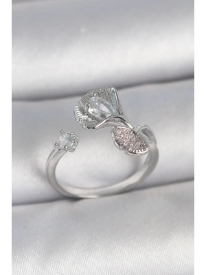 Pirinç Gümüş Renk Zirkon Taşlı Deniz Kabuğu Model Ayarlanabilir Kadın Yüzük