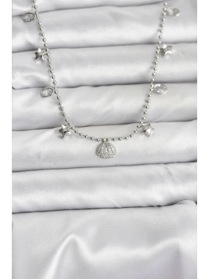 Pirinç Gümüş Renk Zirkon Taşlı Deniz Kabuğu Model Kadın Kolye