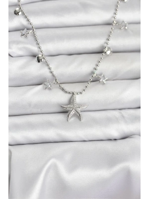 Pirinç Gümüş Renk Zirkon Taşlı Deniz Yıldızı Model Kadın Kolye