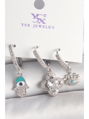 Pirinç Gümüş Renk Zirkon Taşlı Fatma Ana Yonca Figür Göz Detay 3Lü Kadın Kombin Küpe