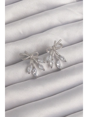 Pirinç Gümüş Renk Zirkon Taşlı Fiyonk Küpe