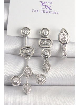 Pirinç Gümüş Renk Zirkon Taşlı Geometrik Model 3Lü Kadın Kombin Küpe