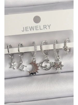 Pirinç Gümüş Renk Zirkon Taşlı Gezgen Model Kadın Küpe Seti