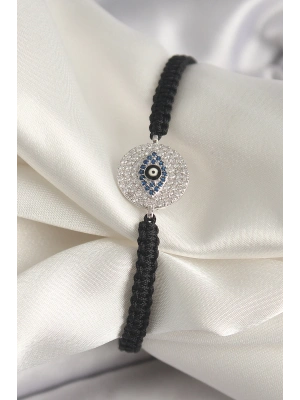 Pirinç Gümüş Renk Zirkon Taşlı Göz İşlemeli Figür Asansörlü Makrome Model Kadın Bileklik