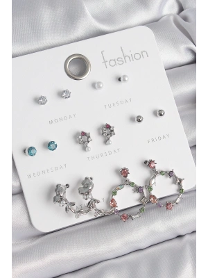 Pirinç Gümüş Renk Zirkon Taşlı Gül Figür Halka Model 7 Çift Kadın Küpe Seti