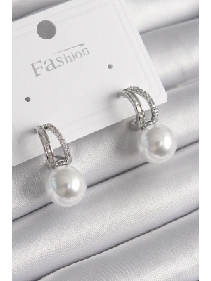 Pirinç Gümüş Renk Zirkon Taşlı Halka İnci Detay Kadın Küpe