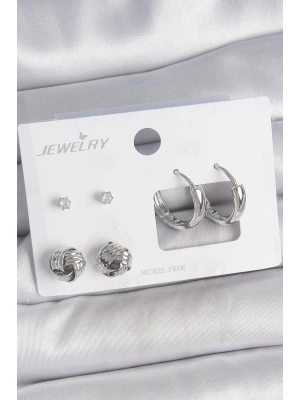 Pirinç Gümüş Renk Zirkon Taşlı Halka Model 3 Çift Kadın Küpe Seti