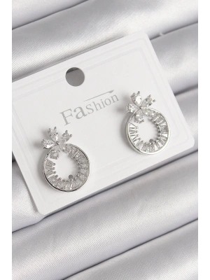 Pirinç Gümüş Renk Zirkon Taşlı Halka Model Çiçek Figür Kadın Küpe