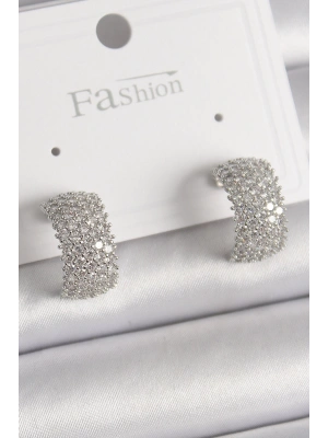 Pirinç Gümüş Renk Zirkon Taşlı Halka Model Kadın Küpe