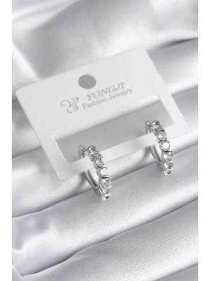 Pirinç Gümüş Renk Zirkon Taşlı Halka Model Kadın Küpe