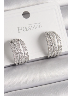 Pirinç Gümüş Renk Zirkon Taşlı Halka Model Kadın Küpe