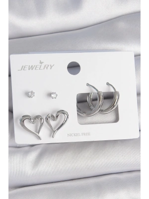 Pirinç Gümüş Renk Zirkon Taşlı Halka Model Kalp Detay 3 Çift Kadın Küpe Seti