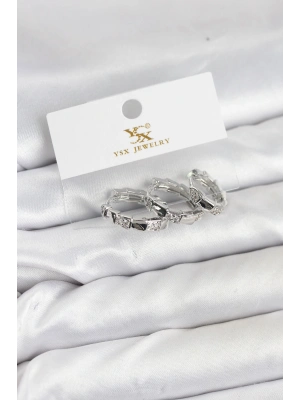 Pirinç Gümüş Renk Zirkon Taşlı Halka Yılan Model YSX Trio Küpe Seti