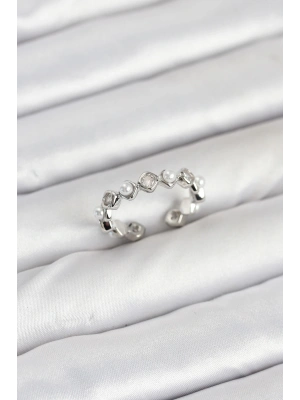 Pirinç Gümüş Renk Zirkon Taşlı İncili Kadın Yüzük