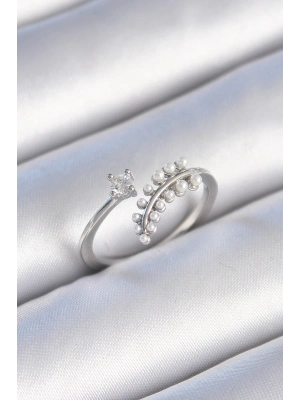 Pirinç Gümüş Renk Zirkon Taşlı İncili Yaprak Model Kadın Yüzük