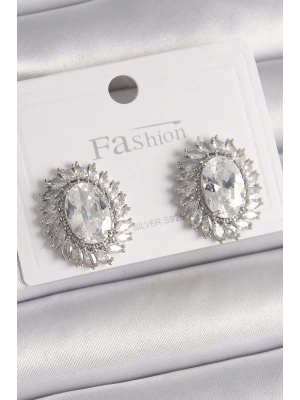 Pirinç Gümüş Renk Zirkon Taşlı Kadın Küpe