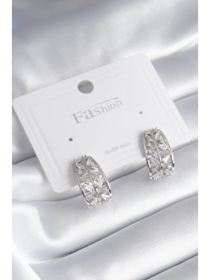 Pirinç Gümüş Renk Zirkon Taşlı Kadın Küpe