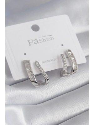 Pirinç Gümüş Renk Zirkon Taşlı Kadın Küpe