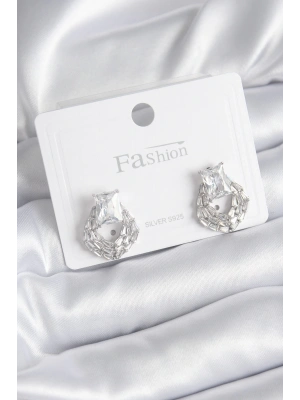 Pirinç Gümüş Renk Zirkon Taşlı Kadın Küpe