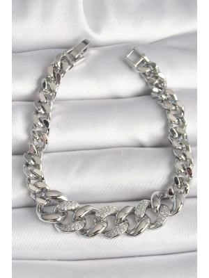 Pirinç Gümüş Renk Zirkon Taşlı Kalın Halka Model Kadın Bileklik