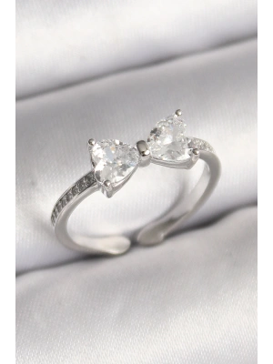 Pirinç Gümüş Renk Zirkon Taşlı Kalp Fiyonk Model Kadın Yüzük