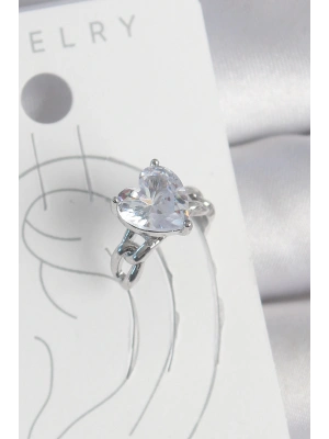 Pirinç Gümüş Renk Zirkon Taşlı Kalp Model Kadın Kıkırdak Küpe