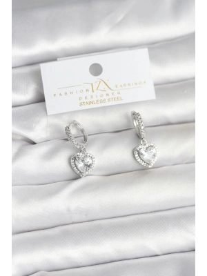 Pirinç Gümüş Renk Zirkon Taşlı Kalp Model Kadın Küpe