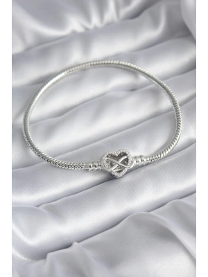 Pirinç Gümüş Renk Zirkon Taşlı Kalp Sonsuzluk Model Charm Kadın Bileklik