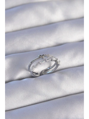 Pirinç Gümüş Renk Zirkon Taşlı Kalpli 2li Görünüm Ayarlanabilir Yüzük