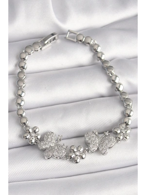 Pirinç Gümüş Renk Zirkon Taşlı Kelebek Figür Çiçek Zincir Model Kadın Bileklik