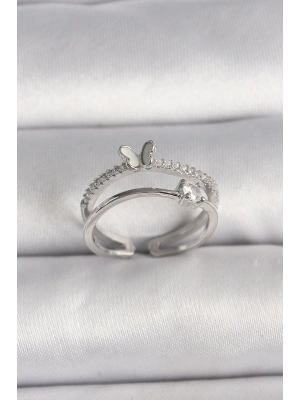 Pirinç Gümüş Renk Zirkon Taşlı Kelebek Figürlü Ayarlanabilir Yüzük