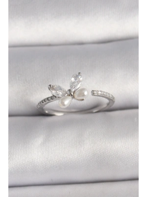 Pirinç Gümüş Renk Zirkon Taşlı Kelebek Model İnci Detaylı Ayarlanabilir Yüzük