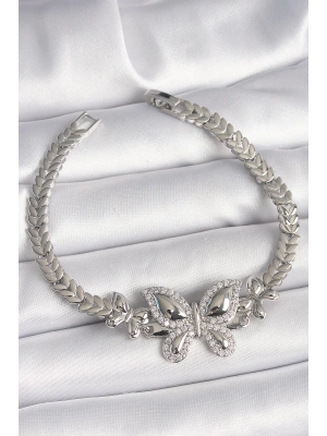 Pirinç Gümüş Renk Zirkon Taşlı Kelebek Model Kadın Bileklik
