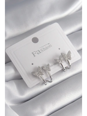 Pirinç Gümüş Renk Zirkon Taşlı Kelebek Model Kadın Küpe