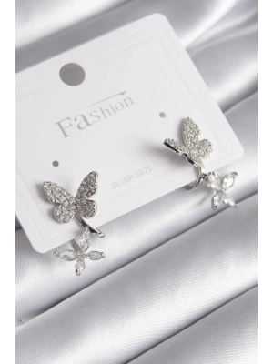 Pirinç Gümüş Renk Zirkon Taşlı Kelebek Model Kadın Küpe